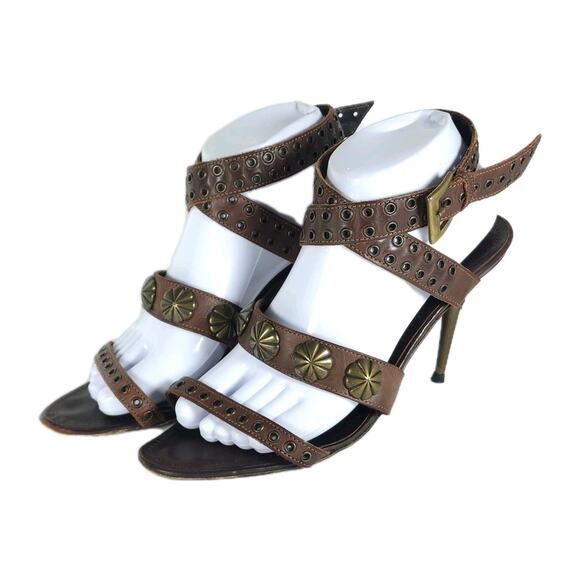 Manolo Blahnik Women's Brown US9,5 EU40 Leather Grommets Strappy Sandals Heels - Picture 1 of 16